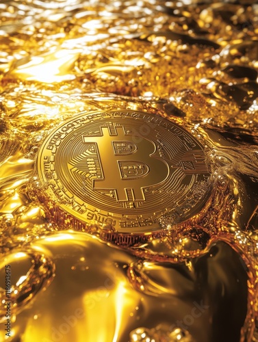 Bitcoin Immersed in Shimmering Golden Waves - made with Generative AI photo