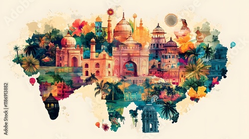 India travel collage, landmarks, vibrant, watercolor, tourism, map, poster, design