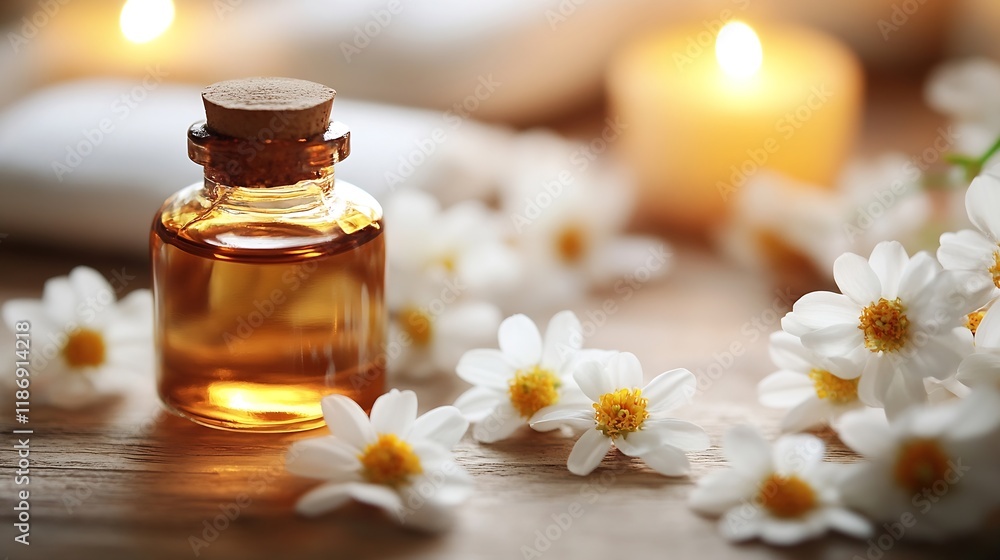 Serene Aromatherapy Setting with Chamomile Flowers and Essential Oil Bottle : Generative AI Serene Aromatherapy Setting with Chamomile Flowers and Essential Oil Bottle : Generative AI