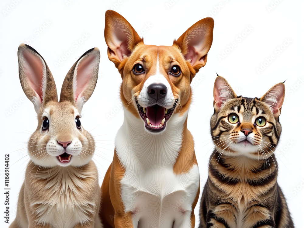Obraz premium A Portrait Of Three Surprised Animals A Dog, Rabbit, And Cat, Created With E Art On A White Background. 00003