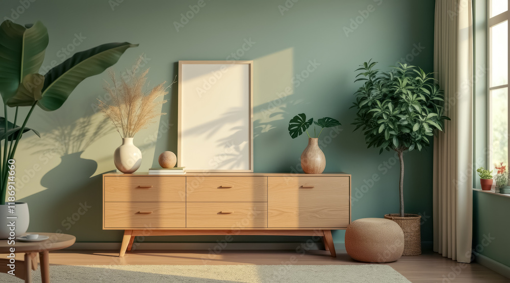 Fototapeta premium light wood sideboard with dried flowers plants a sunlit room