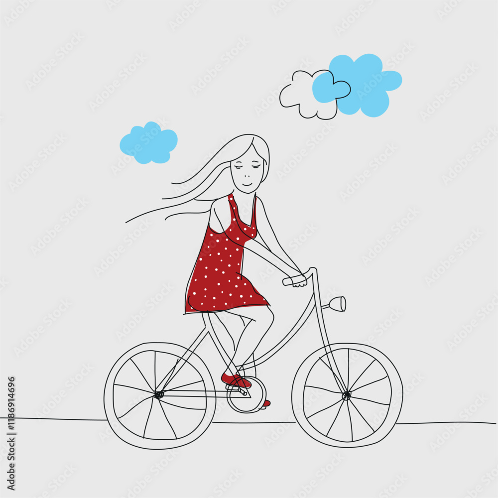A whimsical, hand-drawn illustration of a girl in a red polka-dot dress riding a bicycle. A whimsical, hand-drawn illustration of a girl in a red polka-dot dress riding a bicycle.