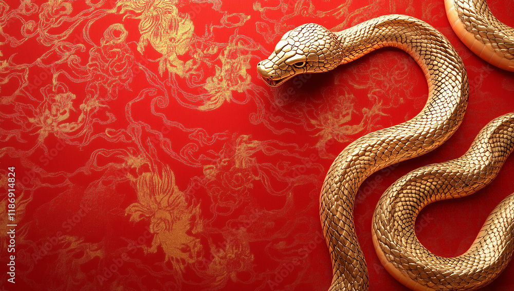 Obraz premium Golden Snake on a Rich Red Silk Background Featuring Intricate Chinese Patterns and Clear Copy Space