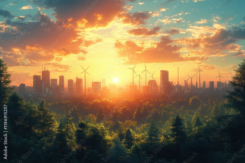 Fototapeta premium Sunset over a city skyline with wind turbines and lush forests in the foreground