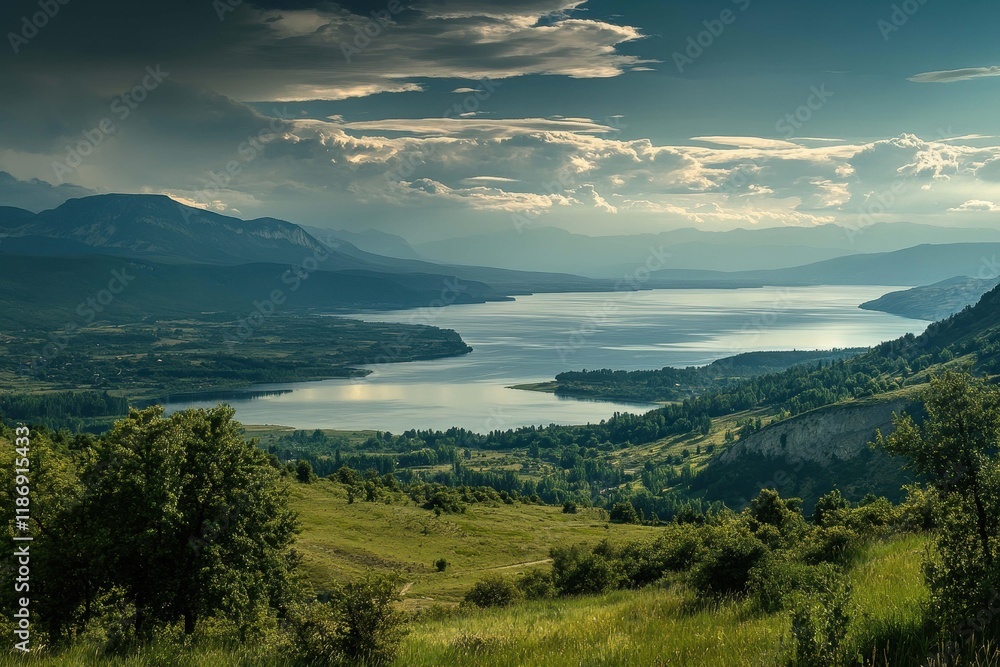 Fototapeta premium Scenic view of tranquil lake reflecting dramatic clouds and mountains in the distance during early evening hours