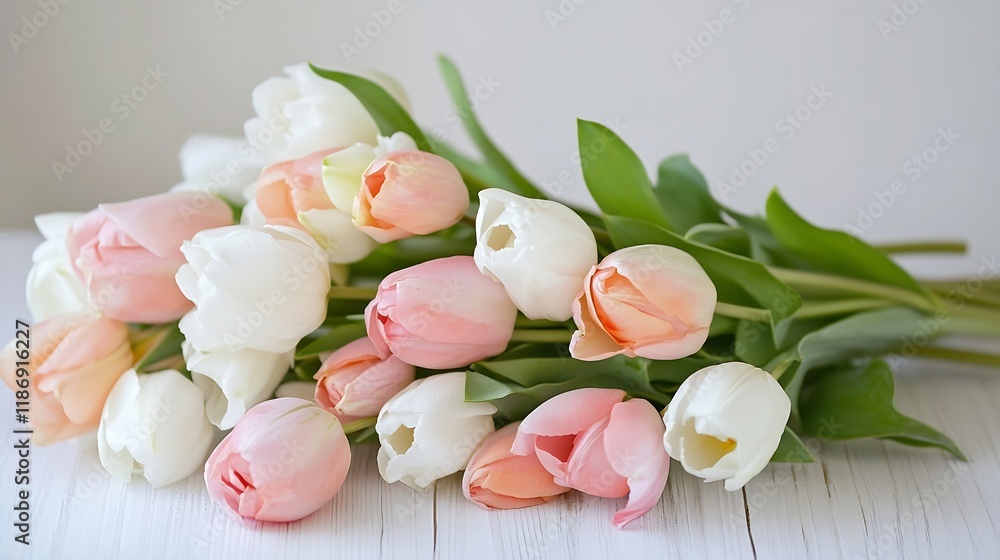 Delicate Pink and White Tulips on Rustic Wooden Table Background : Generative AI Delicate Pink and White Tulips on Rustic Wooden Table Background : Generative AI