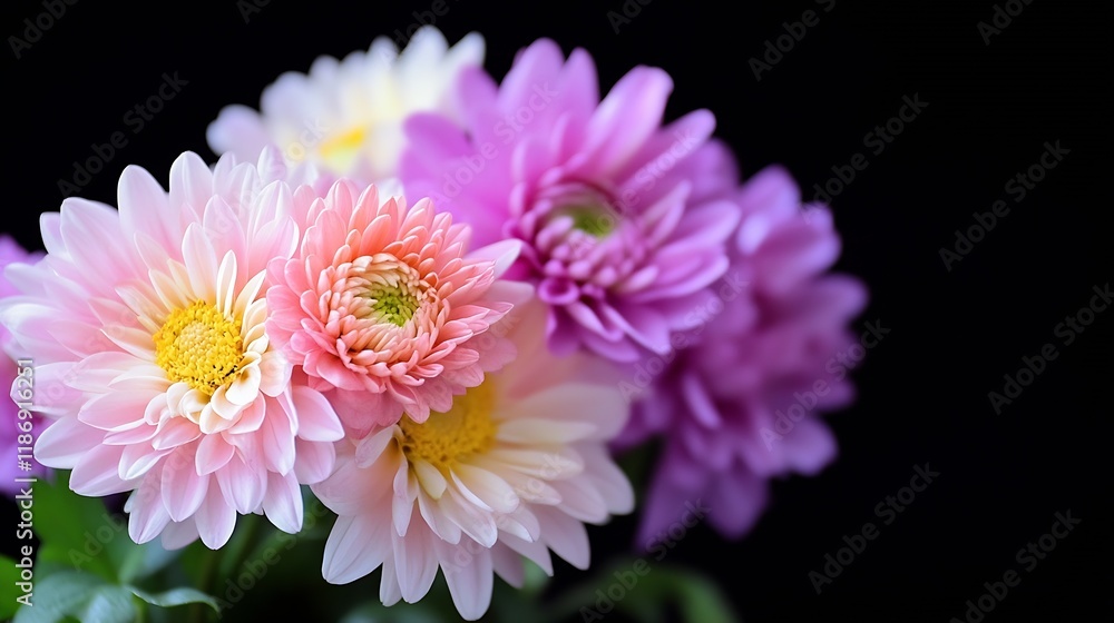 Charming Pastel Chrysanthemums in Full Bloom Against Contrasting Dark Background : Generative AI Charming Pastel Chrysanthemums in Full Bloom Against Contrasting Dark Background : Generative AI