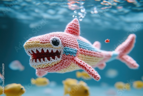 Crocheted shark toy swimming among colorful fish in a clear underwater setting during daylight photo