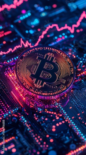 Vibrant Bitcoin Symbol on Neon Circuit Board Background - made with Generative AI photo