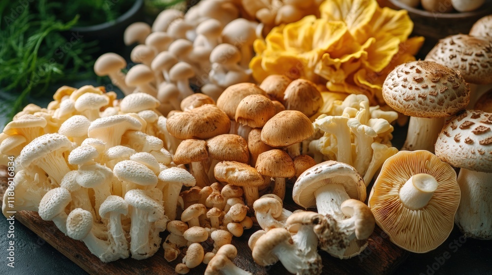Assortment of various edible mushrooms on wooden board. Assortment of various edible mushrooms on wooden board.