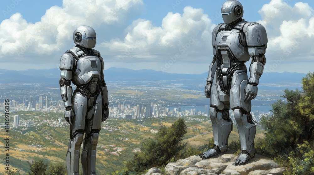 Naklejka premium A high-tech science fiction background with robotic figures, neon cityscapes, and virtual environments, perfect for futuristic urban settings or cyberpunk themes.