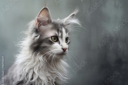 Portrait of a cute laperm cat on soft gray background photo