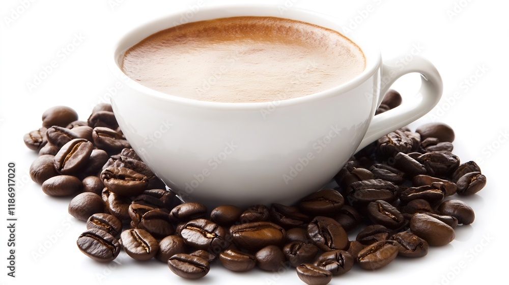 CloseUp of a Steaming Fresh Coffee Cup Surrounded by Roasted Coffee Beans : Generative AI CloseUp of a Steaming Fresh Coffee Cup Surrounded by Roasted Coffee Beans : Generative AI