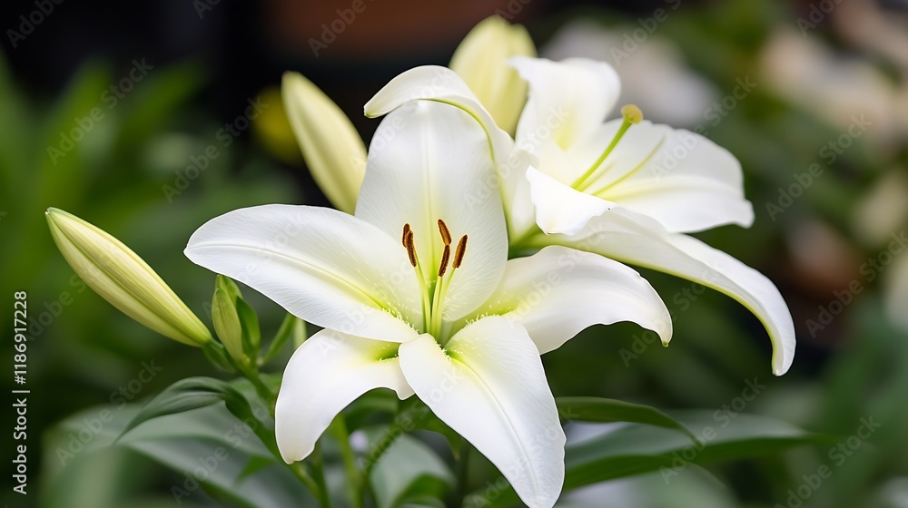 Fototapeta premium Elegant white lilies in bloom showcasing their natural beauty and grace in the garden : Generative AI