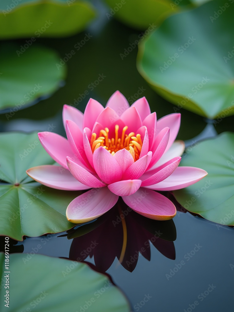 A Pink Water Lily Lotus Flower Floats Gently On Green Leaves Floating In Serene Calm Water. 00001 A Pink Water Lily Lotus Flower Floats Gently On Green Leaves Floating In Serene Calm Water. 00001