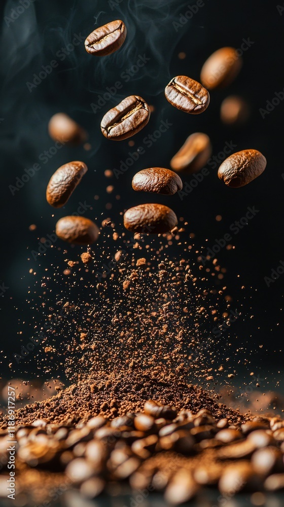 Coffee beans float above ground coffee, capturing the essence of brewing in a dramatic and artistic display of movement and flavor Coffee beans float above ground coffee, capturing the essence of brewing in a dramatic and artistic display of movement and flavor