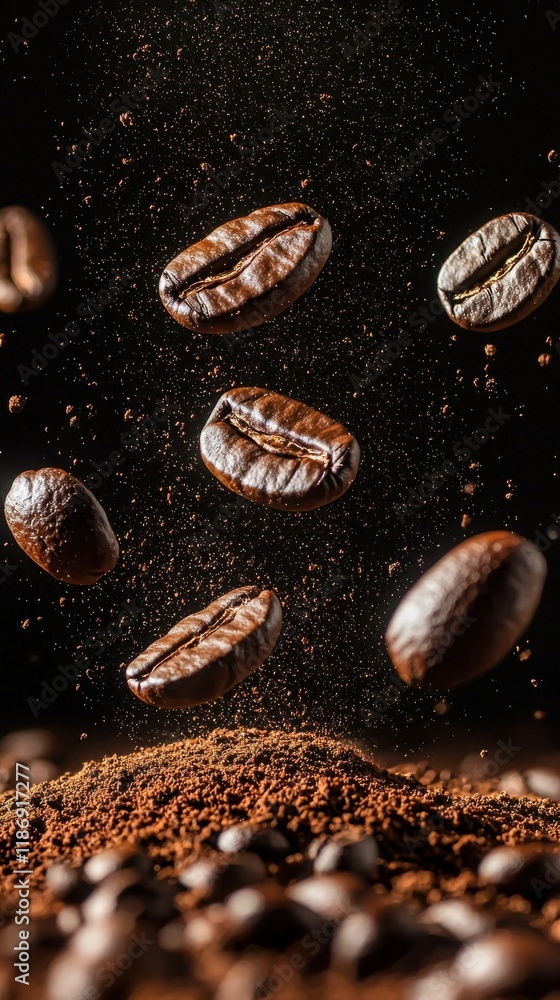 Coffee beans floating above a mound of ground coffee in a dark setting, showcasing the texture and shine of the beans and the richness of the ground coffee Coffee beans floating above a mound of ground coffee in a dark setting, showcasing the texture and shine of the beans and the richness of the ground coffee