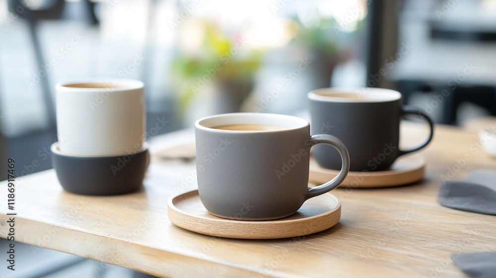 Fototapeta premium Cozy Mornings With Steaming Coffee in Modern Grey and White Mugs on Wooden Table Setting : Generative AI