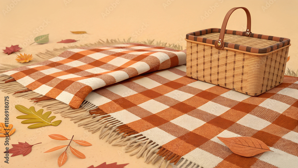 Obraz premium Cozy autumn picnic blanket with wicker basket and colorful leaves on sandy ground