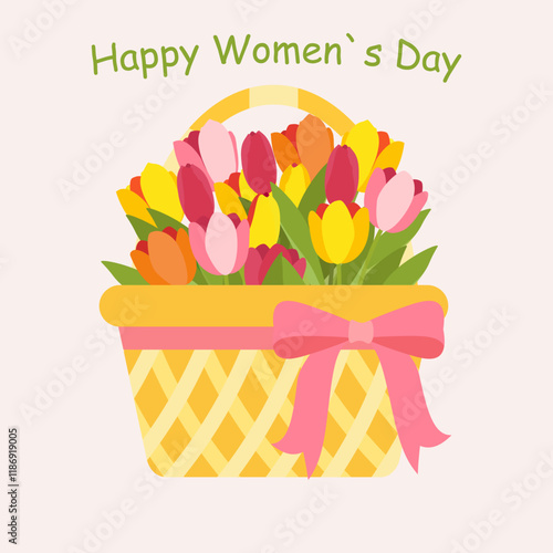 International Women's Day. Basket with flowers and greetings for cards, posters, flyers and other users. Vector illustration. Flat style.