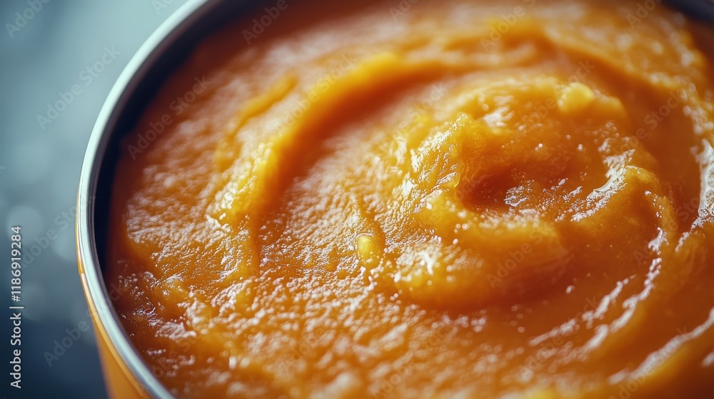 Creamy orange puree in a tin container ready for cooking, perfect for sauces and desserts, with a focus on texture and color Creamy orange puree in a tin container ready for cooking, perfect for sauces and desserts, with a focus on texture and color