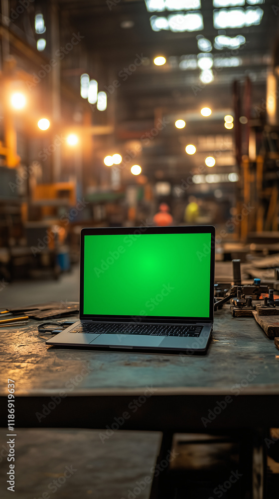 Laptop with Green Screen on Industrial Workbench Laptop with Green Screen on Industrial Workbench