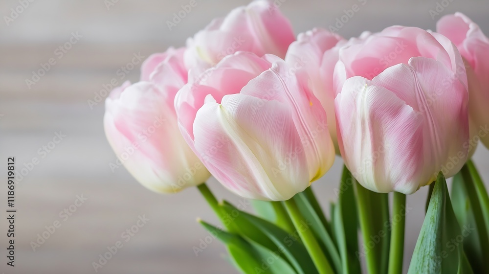 Fototapeta premium Delicate pink tulip bouquet with fresh green leaves in soft natural light : Generative AI