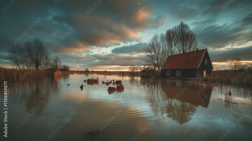 Obraz premium Flooded countryside with stranded farm animals at dusk.