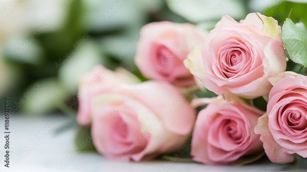 Closeup of Soft Pink Rose Bouquet with Gentle Green Leaves in Natural Light : Generative AI Closeup of Soft Pink Rose Bouquet with Gentle Green Leaves in Natural Light : Generative AI