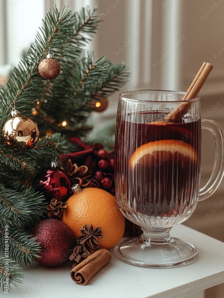 Warm spiced drink with cinnamon and orange beside a festive arrangement of Christmas decorations and greenery Warm spiced drink with cinnamon and orange beside a festive arrangement of Christmas decorations and greenery