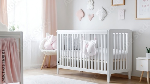 Charming White Nursery with Decorative Pink and Plush Accents in Bright Natural Light : Generative AI