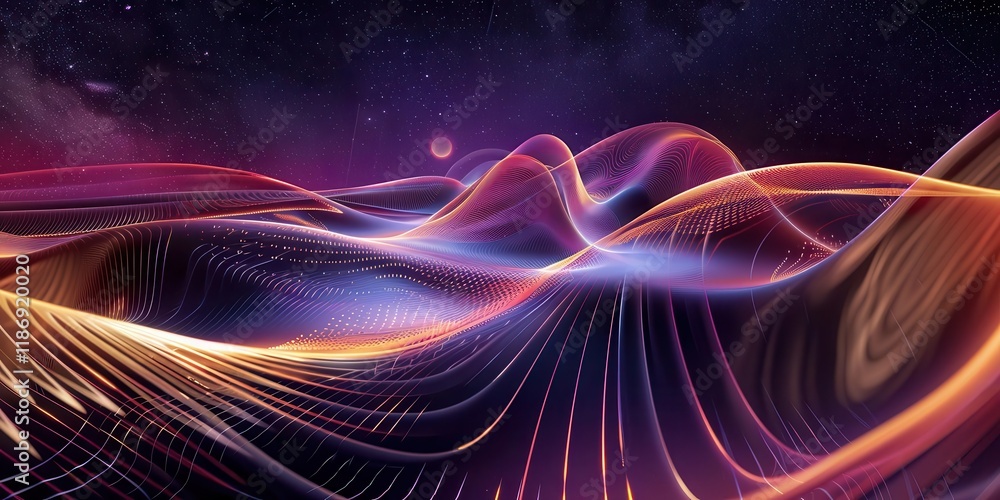 Obraz premium A vibrant, abstract landscape with flowing waves of light and color, evoking a sense of motion and depth.