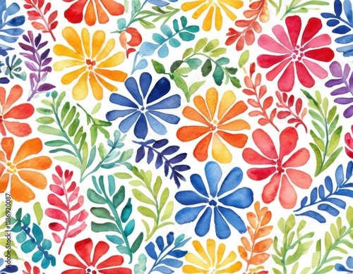 Wallpaper Mural Colorful watercolor floral pattern with assorted bright flowers and leaves Torontodigital.ca