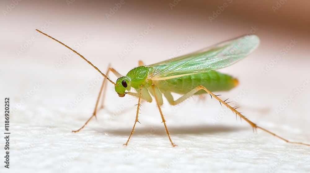 Green lacewing insect with delicate wings and long antennae on white surface : Generative AI Green lacewing insect with delicate wings and long antennae on white surface : Generative AI