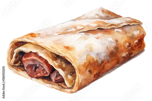 Watercolor food illustration, delicious meat wrap, savory ingredients, culinary art, gourmet cuisine, appetizing presentation.