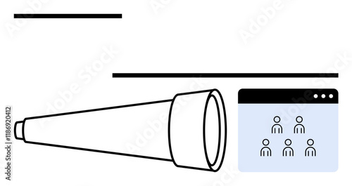 Telescope pointing toward a browser window with user icons conveys analysis, virtual focus, and discovery. Ideal for teamwork, remote work, research, vision, strategy, connectivity abstract line
