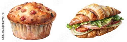 Watercolor food illustration, delicious muffin, fresh croissant, bakery items, vibrant colors, appetizing presentation.