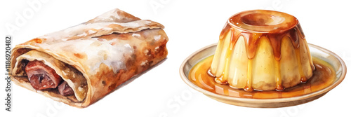 Watercolor food illustration, delicious dessert, sweet flan, savory wrap, culinary art, gourmet presentation.