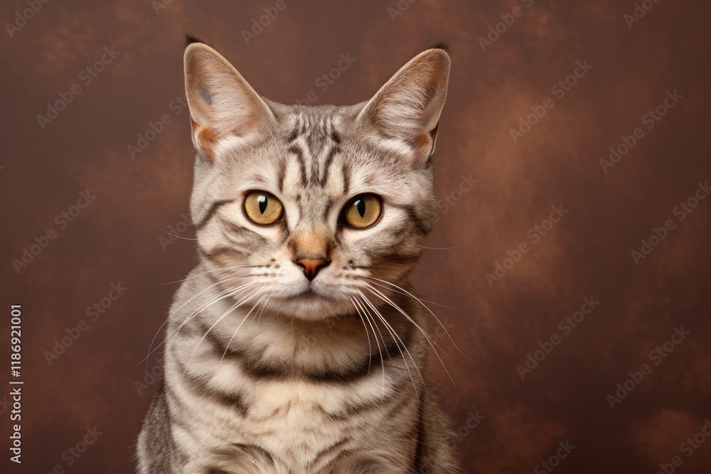 Portrait of a funny american shorthair cat isolated on soft brown background Portrait of a funny american shorthair cat isolated on soft brown background