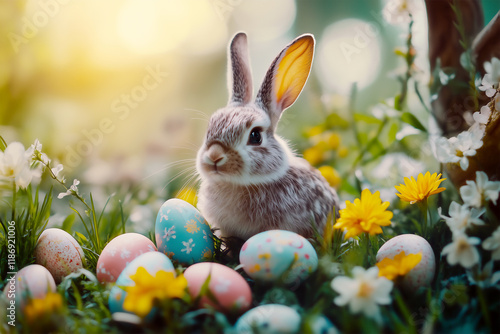 Easter bunny on a lush green field surrounded by painted eggs. Bathed in golden hour light, the serene scene features delicate flowers and pastel patterns, exuding festive charm. photo