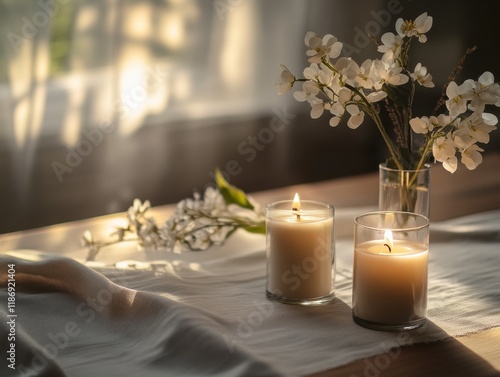 Soft sunlight illuminates candles and delicate flowers on a serene table setting in a cozy indoor space during late afternoon photo