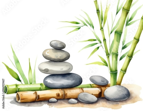 Watercolor illustration of balanced stones and bamboo, symbolizing tranquility and zen photo