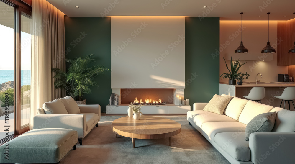 Fototapeta premium modern living room with ocean view fireplace