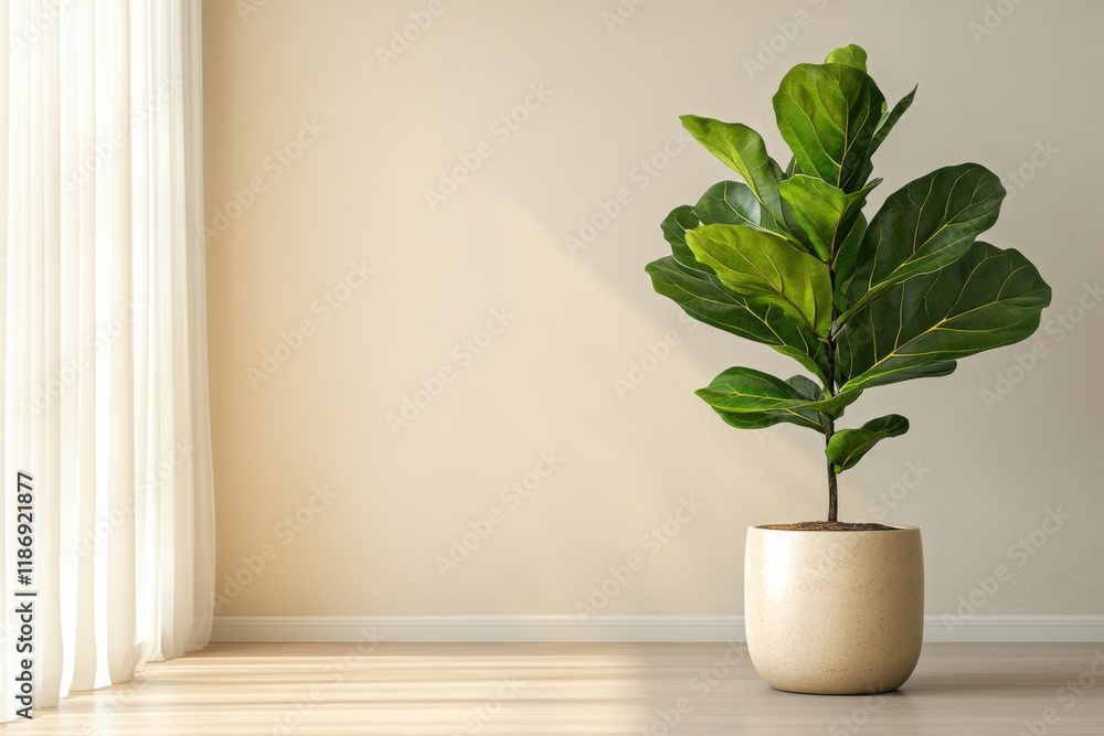 Indoor plant adds a touch of nature and warmth to a sunlit room with soft curtains and a minimalist decor style Indoor plant adds a touch of nature and warmth to a sunlit room with soft curtains and a minimalist decor style