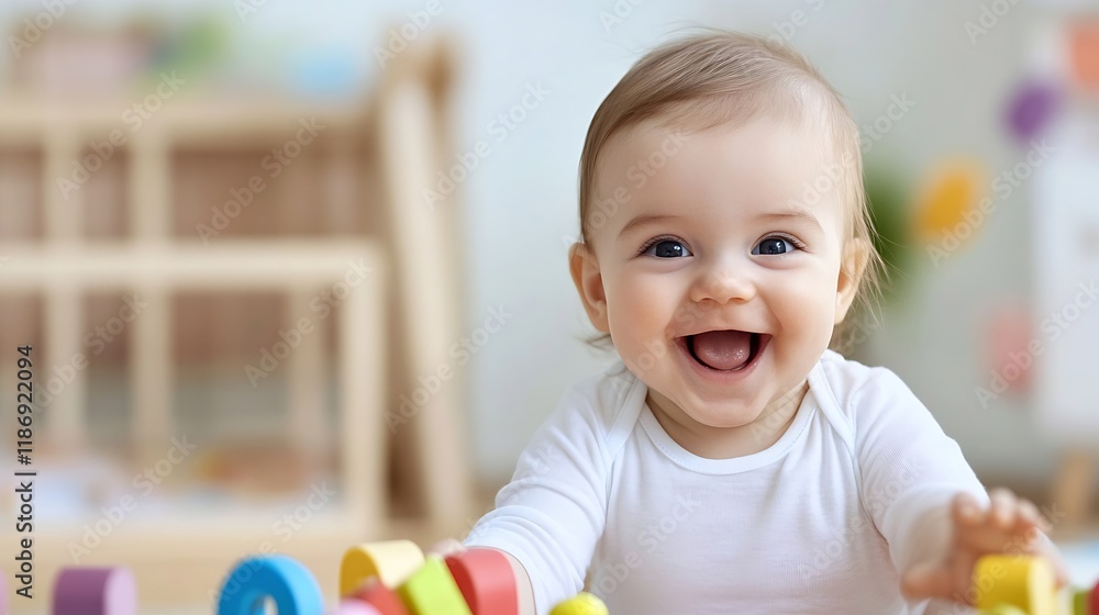Joyful Baby Smiling with Colorful Toys in Cozy Playroom Setting : Generative AI Joyful Baby Smiling with Colorful Toys in Cozy Playroom Setting : Generative AI