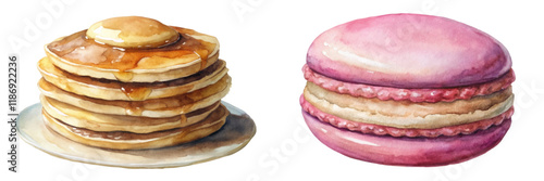 Watercolor pancakes stack, delicious syrup drizzle, pink macaroon, sweet dessert illustration, food art style.