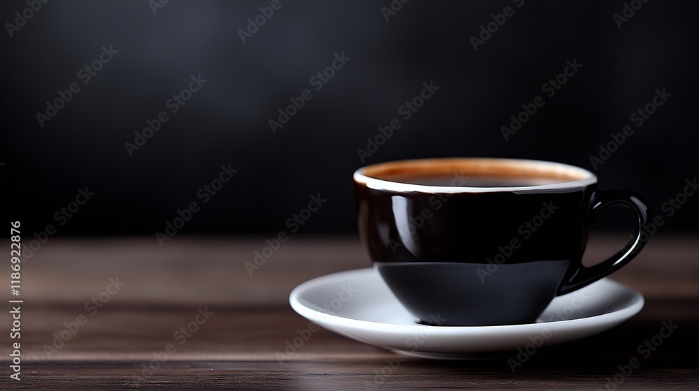 Elegant Black Coffee Cup with Saucer on Wooden Table and Moody Background : Generative AI Elegant Black Coffee Cup with Saucer on Wooden Table and Moody Background : Generative AI