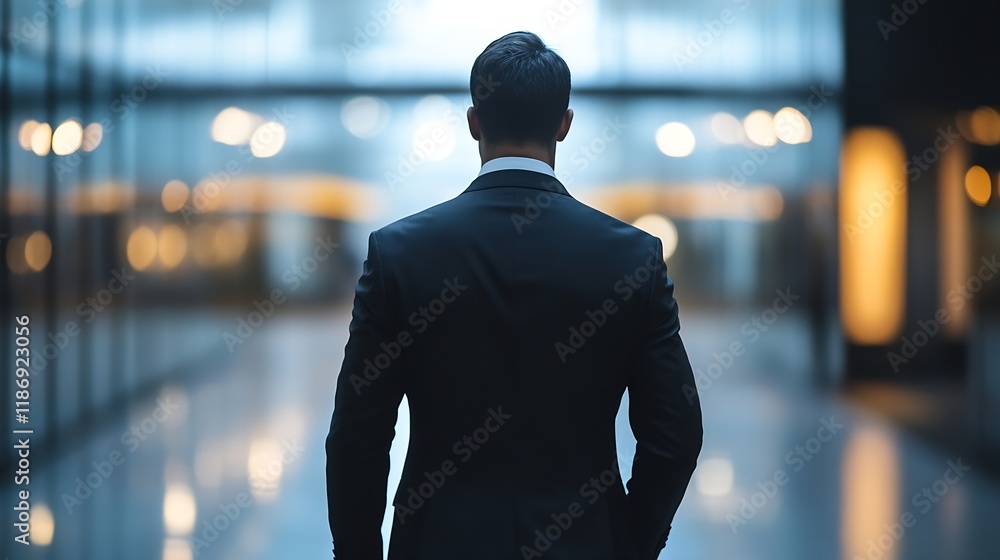 Confident Business Professional Walking Through Modern Office Building in Low Light Capturing Leadership : Generative AI Confident Business Professional Walking Through Modern Office Building in Low Light Capturing Leadership : Generative AI