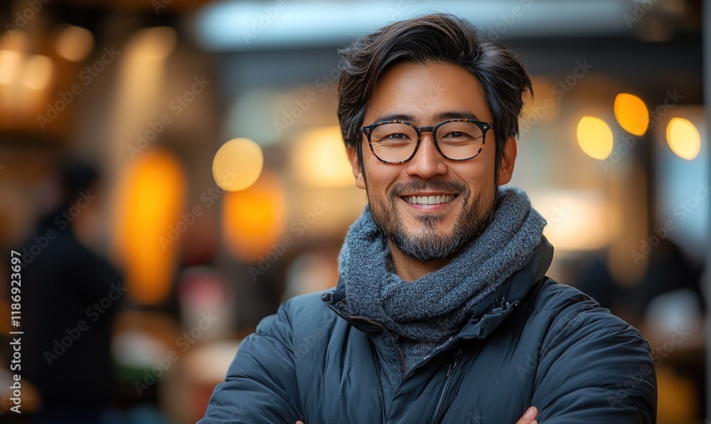 A smiling man with glasses and a scarf stands confidently, surrounded by a warm, blurred background. A smiling man with glasses and a scarf stands confidently, surrounded by a warm, blurred background.