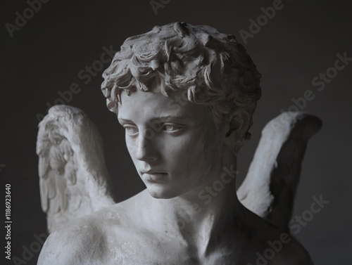 A pensive-looking sculpture of male angel portrait before a dark background photo